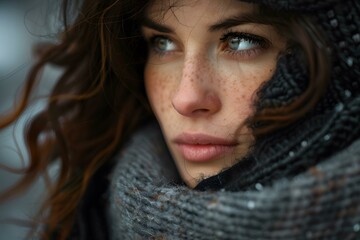 portrait of a beautiful young woman with freckles on her face