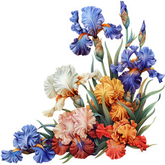 Vibrant bouquet of multicolored iris flowers, beautifully arranged in a visually pleasing floral composition, perfect for nature-themed designs.