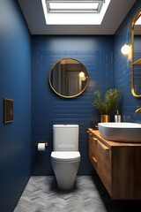 Modern luxury bathroom interior in navy blue and gold colors