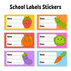 Name and class. Back to school labels. Set stickers for notebook. Bright stickers. Rectangular label. Vector illustration.