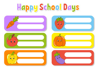 School labels for books and notebooks. Bright stickers. Rectangular label. Vector illustration.