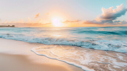 Fototapeta premium the early morning sun rising over the ocean, with soft waves lapping at the shore