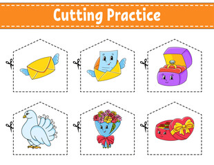 Cutting practice for kids. Education developing worksheet. Activity page. Vector illustration.