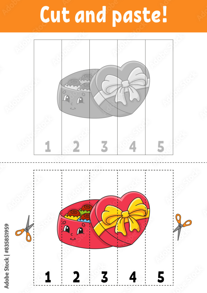 Sticker Learning numbers 1-5. Cut and glue. cartoon character. Education developing worksheet. Game for kids. Activity page. Vector illustration.