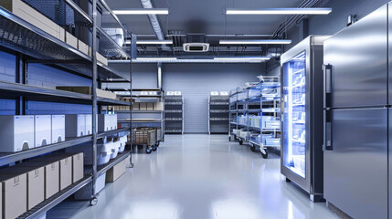 An industrial refrigerated room with shelves and freezers for food storage