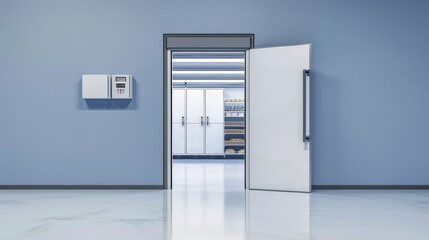 An open door reveals a glimpse into a sterile, industrial refrigerated room designed for food storage. Rows of freezers line the walls, keeping food safe and frozen