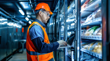 A worker in a bright orange vest and hard hat checks inventory on a laptop in a large industrial freezer