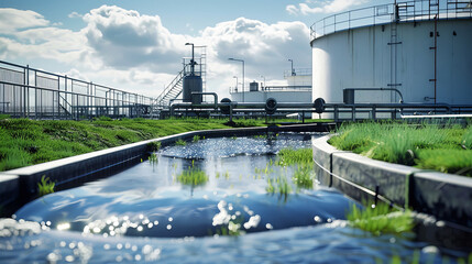 Obraz premium A tranquil stream meanders through an industrial water treatment plant surrounding an imposing oil tank