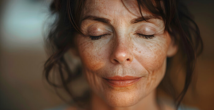Close-up of a focused middle-aged woman practicing breathing yogic techniques at home, meditating with her eyes closed.