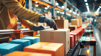 Fototapeta premium A person is actively moving boxes along a conveyor belt in a warehouse setting