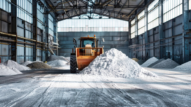 A bulldozer clears snow in a massive warehouse filled with potash fertilizers, revealing the hidden treasures beneath