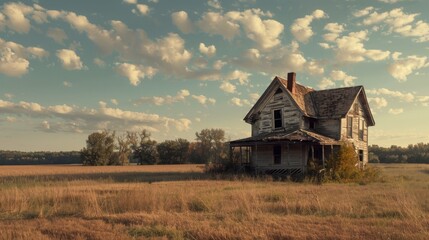 A weathered farmhouse stands alone in a field