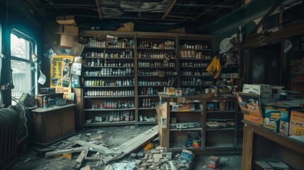 A dusty, abandoned general store interior