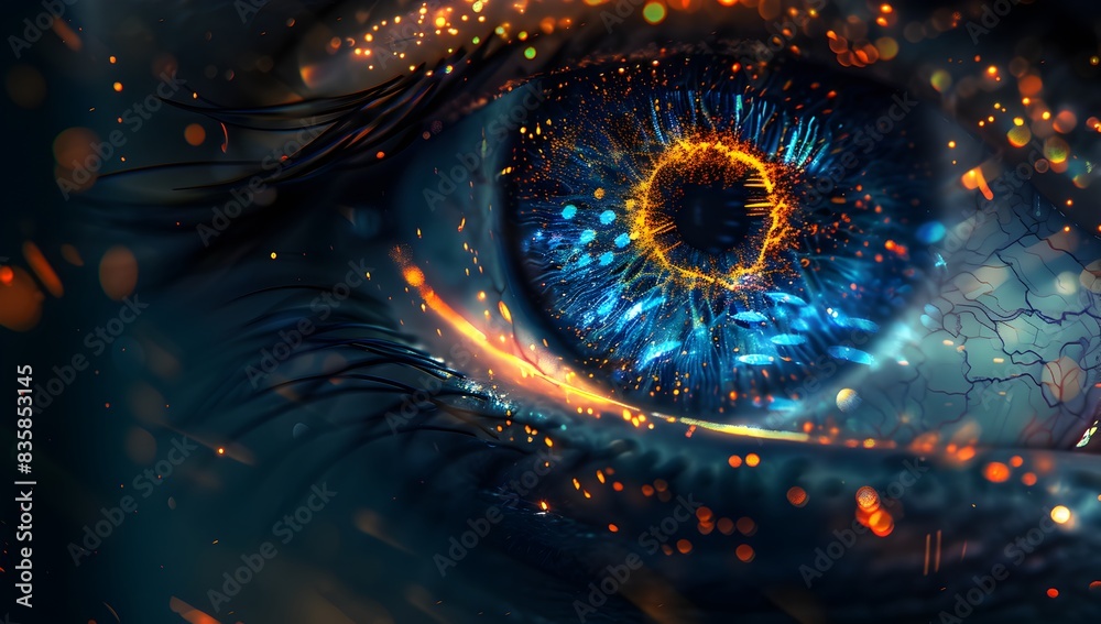 Poster Abstract digital eye with vibrant color and bokeh effect, closeup view of an iris, creating visual depth in the dark background
