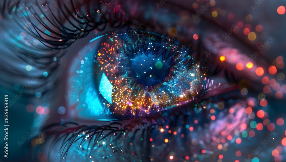 Poster Abstract digital eye with vibrant color and bokeh effect, closeup view of an iris, creating visual depth in the dark background
