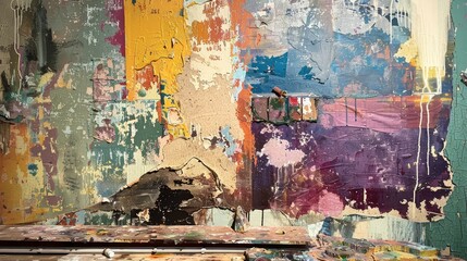 Stripping the wall of its colorful layered paint structure A backdrop with an abstract feel