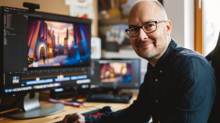 A bald 30-year-old slightly smiling man in glasses, working in a modern creative workshop at a...