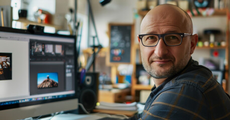 A bald 30-year-old slightly smiling man in glasses, working in a modern creative workshop at a...