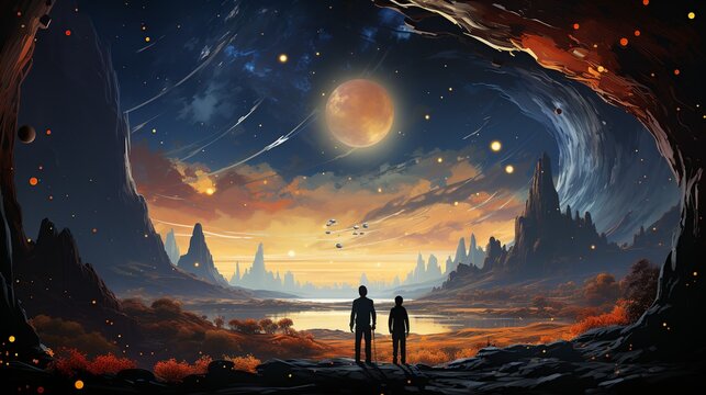 A family visiting a planetarium, marveling at the stars and planets, and enjoying a shared educational experience about the universe. Painting Illustration style, Minimal and Simple,