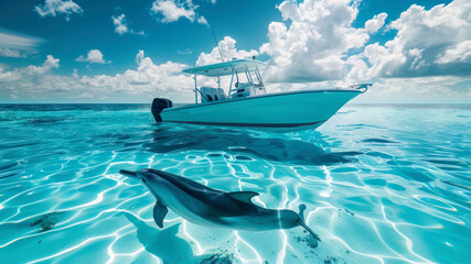 A white center console boat in the middle of clear blue water with dolphins swimming underneath, shot from underwater - Powered by Adobe