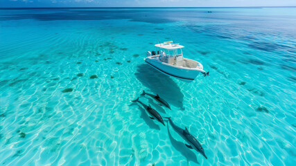 A white center console boat in the middle of clear blue water with dolphins swimming underneath,...