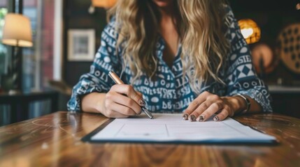 Fototapeta premium Successful Businesswoman Signing Contract - Business, Work, Contract, Agreement, Success, Leadership, 4K Wallpaper. A confident businesswoman signs a contract, signifying a successful business deal an