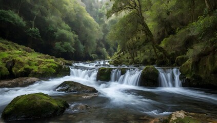 Beautiful waterfalls formed by a river in the area of Galicia, Spain.