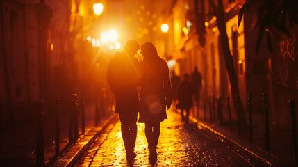 A couple is walking down a street at sunset. The man is wearing a hat and the woman is wearing a coat. The street is lined with trees and there are cars parked along the side