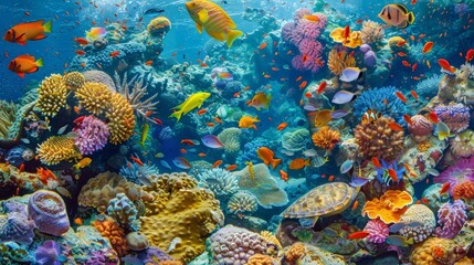 A colorful coral reef teeming with marine life including reef fish eels and sea turtles.