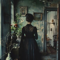 A woman standing in a dark room with a potted plant