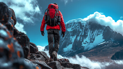 Obraz premium A climber climbs a dangerous slope of Mount Kilimanjaro