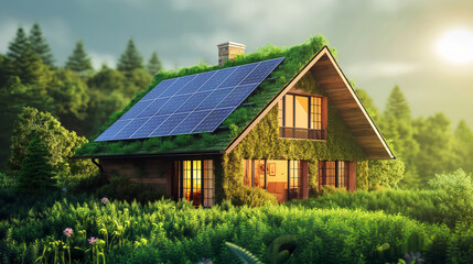 Contemporary House Featuring Green Roof, Solar Panels, And Lush Surroundings