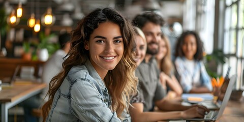 Portrait of a smiling young woman with long brown hair sitting in a cafe with friends