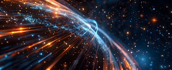 Fototapeta premium Digital background featuring an earth with blue and orange light rays, beams, fiber optic cables, tech grid elements, and dark sky 
