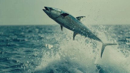 Fototapeta premium A tuna fish leaps out of the water on a cloudy day