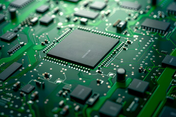 Fototapeta premium Green electronic circuit board. Printed Circuit Board with electrical components close-up view.