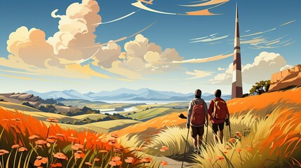 A family visiting a national monument, learning about its history and significance, blending education with the excitement of travel. Painting Illustration style, Minimal and Simple,