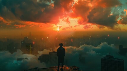 Obraz premium A person standing on a rooftop, looking out at a city skyline