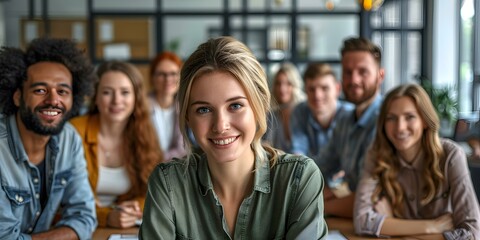 Obraz premium A group of people are sitting in an office smiling at the camera