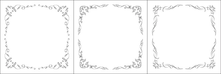 Set of three vector frames. Elegant black and white monochrome ornamental border for greeting cards, banners, invitations. Vector frame for all sizes and formats. Isolated vector illustration.	