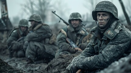 Fototapeta premium A group of soldiers in a snowy forest during World War II.