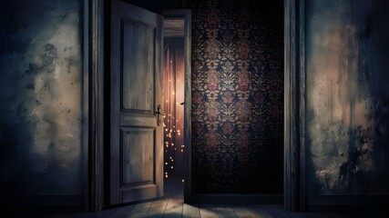 A wooden door opening to a dimly lit room with a intricately patterned wallpaper on one of the walls
