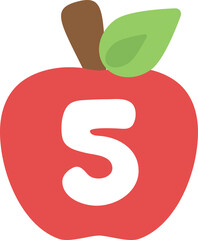 Illustration of cute red apple numbers for kids. Number five.