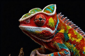 Obraz premium Master of Disguise: Colorful Chameleon Perched Against a Black Background
