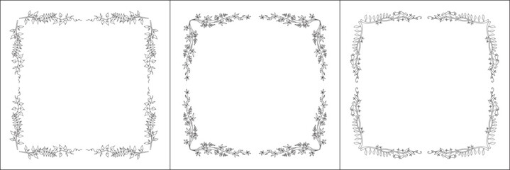 Set of three vegetal vector frames with tropical leaves. Black and white. Vector frame for all sizes and formats. Isolated vector illustration.	
