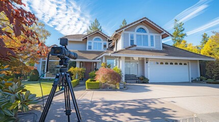 Beautiful house for sale with a camera set up on a tripod in the foreground, capturing the property for listing.