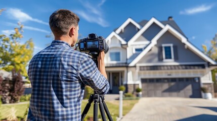 Photographer using a camera on a tripod to take pictures of a house for a real estate listing, emphasizing property marketing.