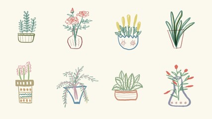 set of flowers and plants