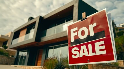 Contemporary house for sale featuring a bold red "For Sale" sign in the foreground, highlighting modern architecture and design.