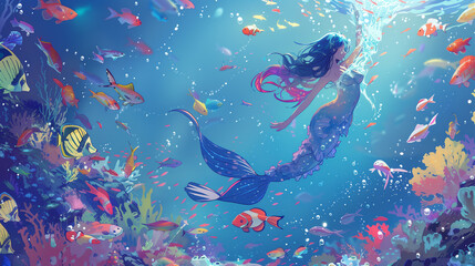 A colorful underwater scene with a mermaid swimming among the fish. The mermaid is surrounded by a variety of fish, including some that are closer to the surface